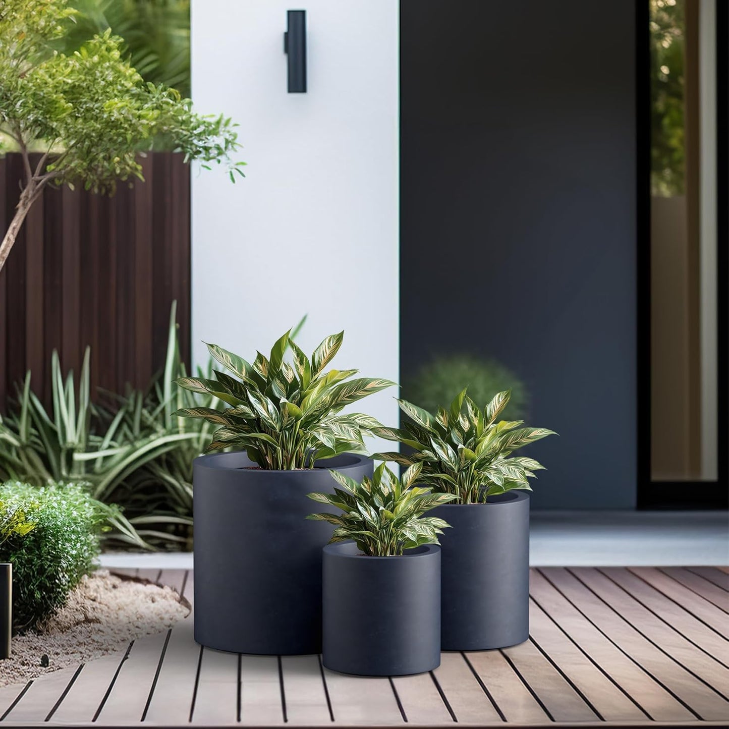 Kante 9.8",12.6",15.7" Dia Round Concrete Planter Set of 3, Modern Style Large Cylindrical Plant Pot with Drainage Hole and Rubber Plug for Indoor Outdoor Patio, Dark Gray