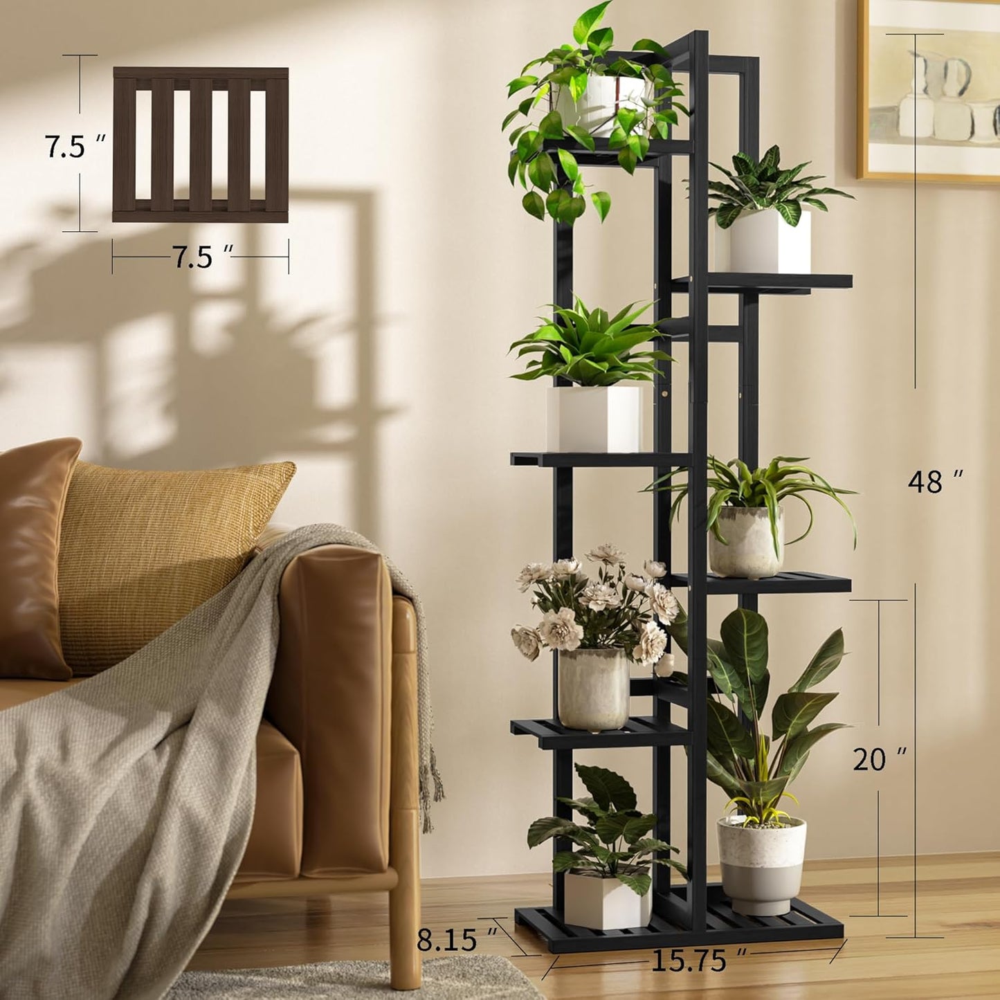 6 Tier Bamboo Plant Stand Indoor, Wood Tall Flower Holder Corner Tiered Plant Shelf for Multiple Plants (Black)