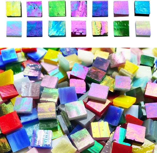 610 Pieces Iridescent Square Glass Mosaic Tiles, Colorful Stained Glass Sheets for Crafts, Stained Glass Supplies, KALUCION Rainbow Mosaic Kit for Adults