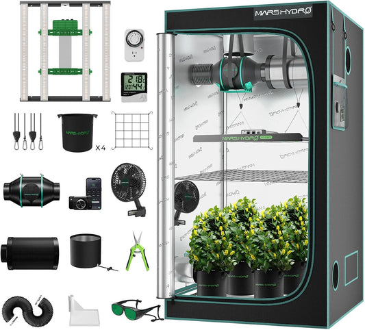 Mars Hydro 3x3 Smart Grow Tent Kit Complete System,FC-E3000 APP Control Dimmable 1184Pcs LED Grow Light,1680D High Reflective Mylar,with Smart WiFi Control Ventilation System,10 Speed Clip Fan