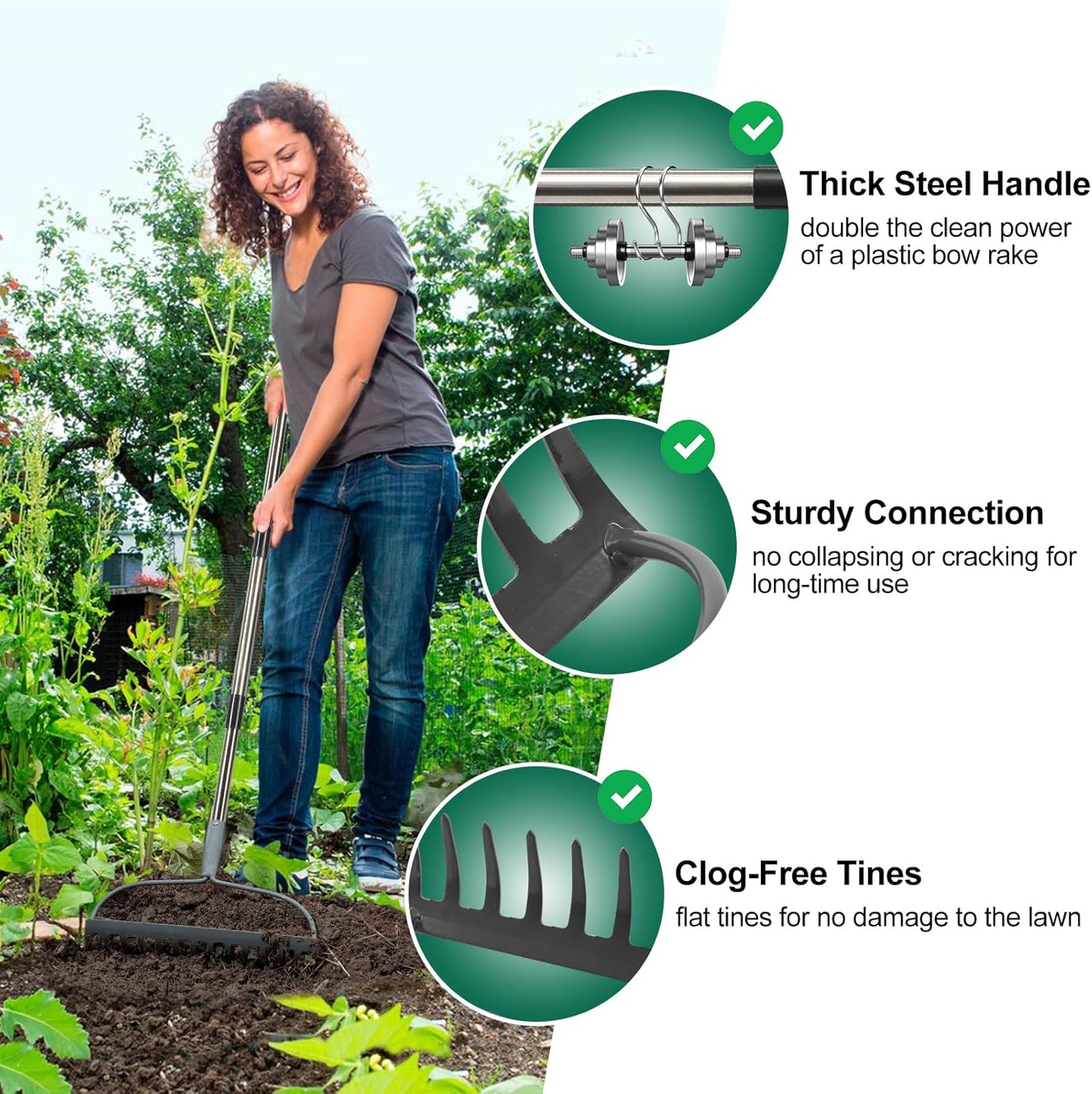 Rake for Leaves, Garden Bow Rake Heavy Duty, 48 in Leaf Rakes for Lawns, Yard Gardening Tools with Back-Saving Handle, 14 Metal Tines Head for Loosen Soil, Clear Gravel Grass Rock, Level Mulch