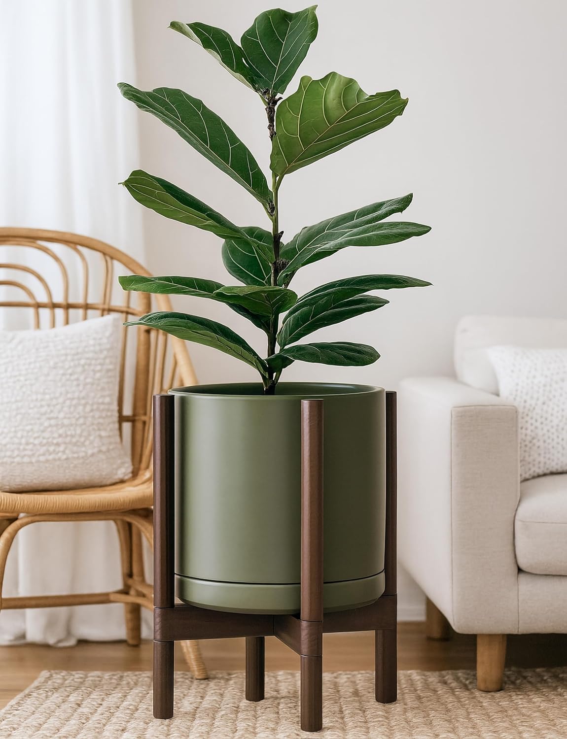 D'vine Dev Ceramic Planter with Walnut Color Stand - 12 Inch Modern Round Flower Pot with Wood Planter Holder, Olive, 55-B-W-J