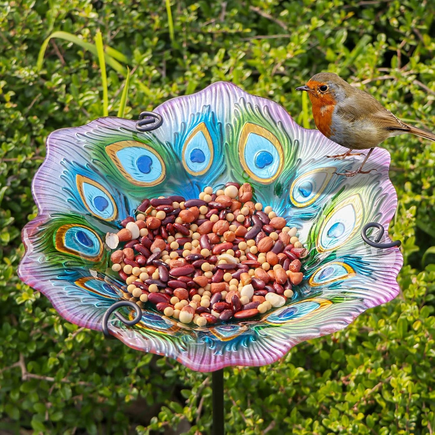 MUMTOP Glass Bird Bath, Garden Outdoor Birdbaths Birdfeeder with Metal Stake Peacock Bird Baths for Outside Yard