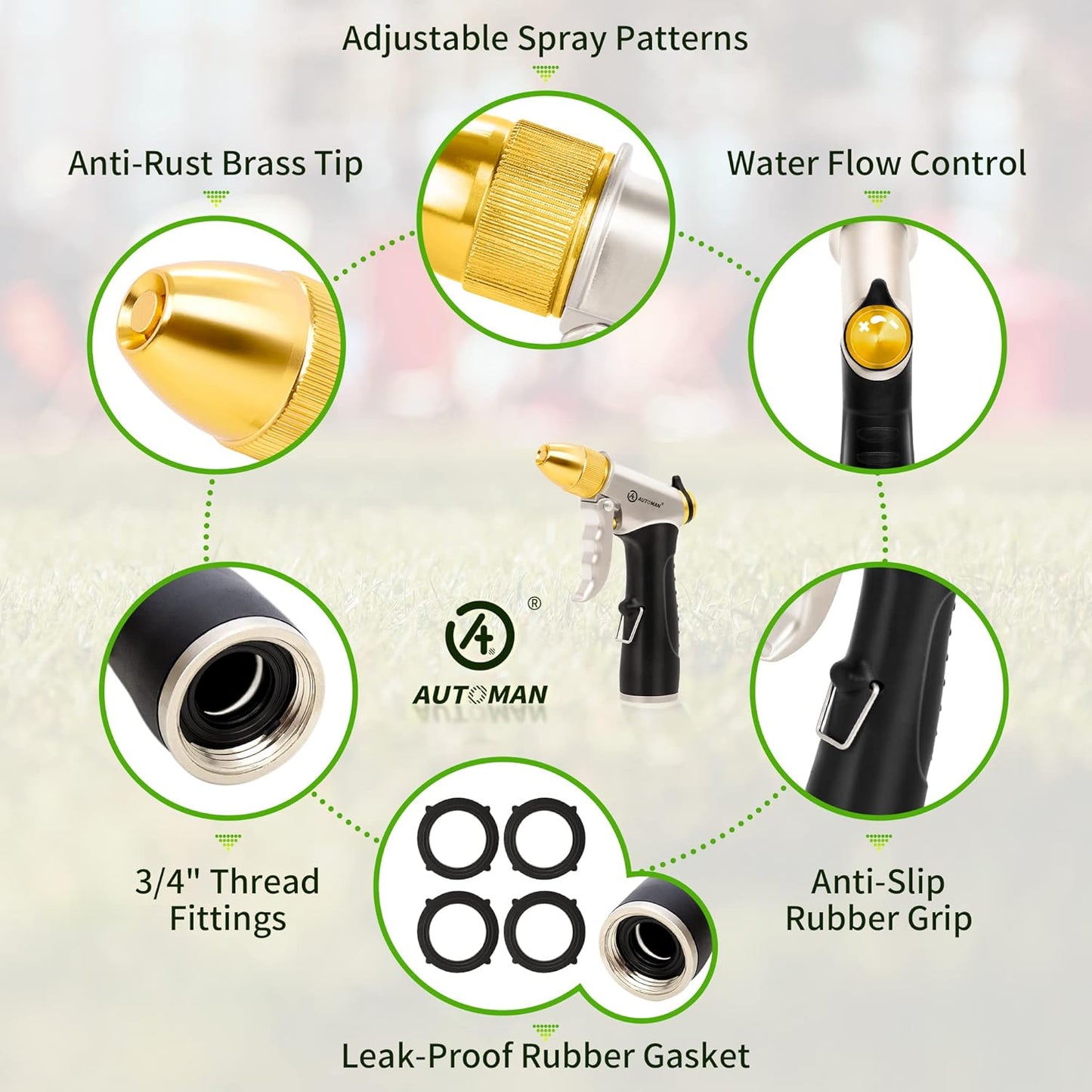 AUTOMAN Garden Hose Nozzles - High Pressure 100% Metal Hose Sprayer 2 Pack, Heavy Duty Garden Watering Nozzle Set, Powerful Garden Nozzle for Watering Plants, Window Cleaning,Washing Cars,Pets Bathing