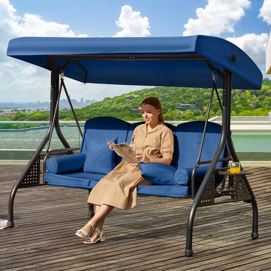 3 in 1 Outdoor Porch Swing with Adjustable Canopy, 3 Seat Outdoor Swing for Adults, Patio Swing Chair with Thickened Cushions,Pillows & Cup Holders for Backyard, Porch, Garden (Blue)