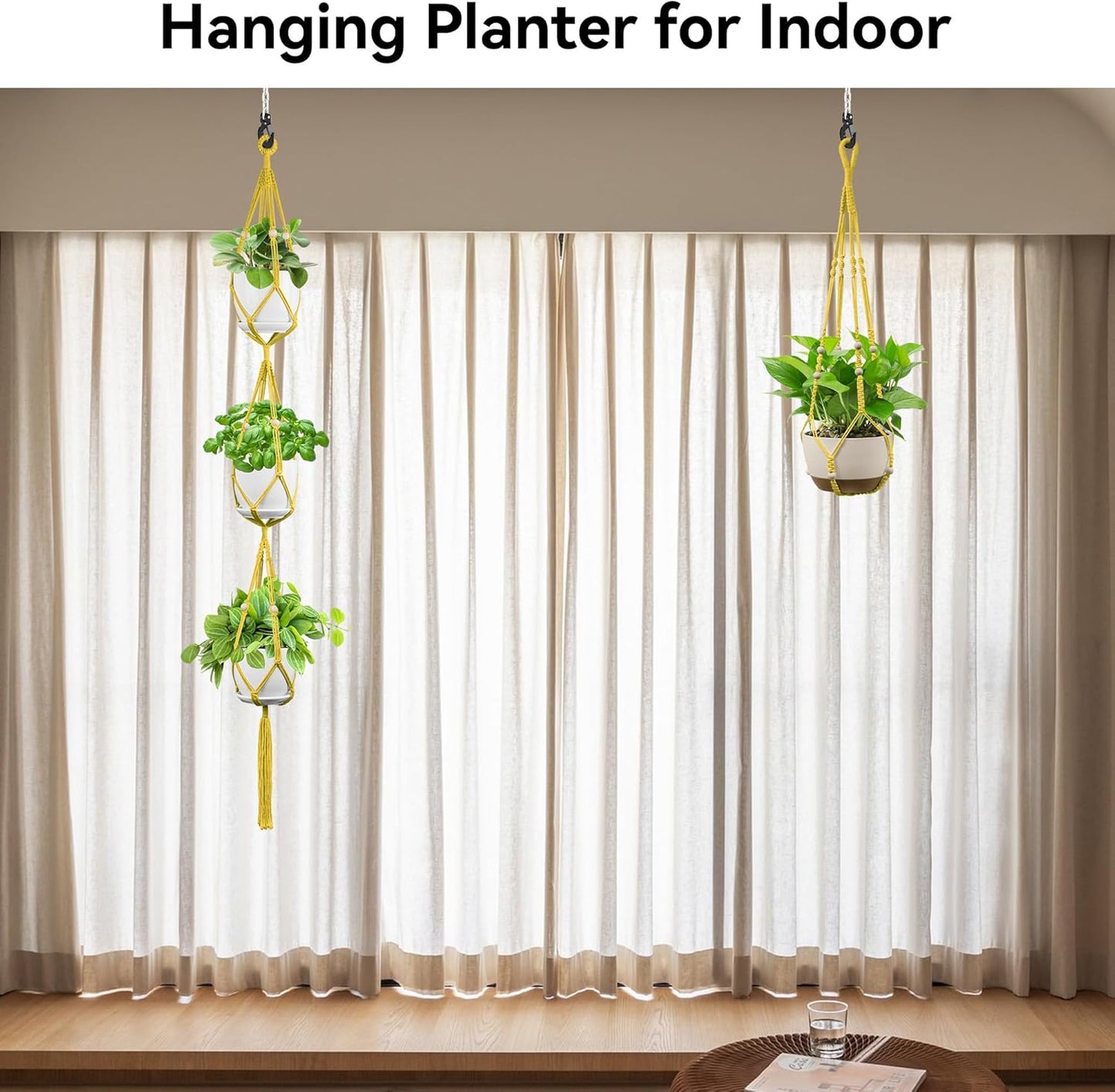 USLAI Macrame Plant Hanger Indoor Outdoor, Up to 4-15 inch Pot, Heavy 20lb Planters, Extra Long Strong Hanging Planter Basket Holder, Boho Home Decor, 35+72 Inch, Yellow (POTS NOT Included)