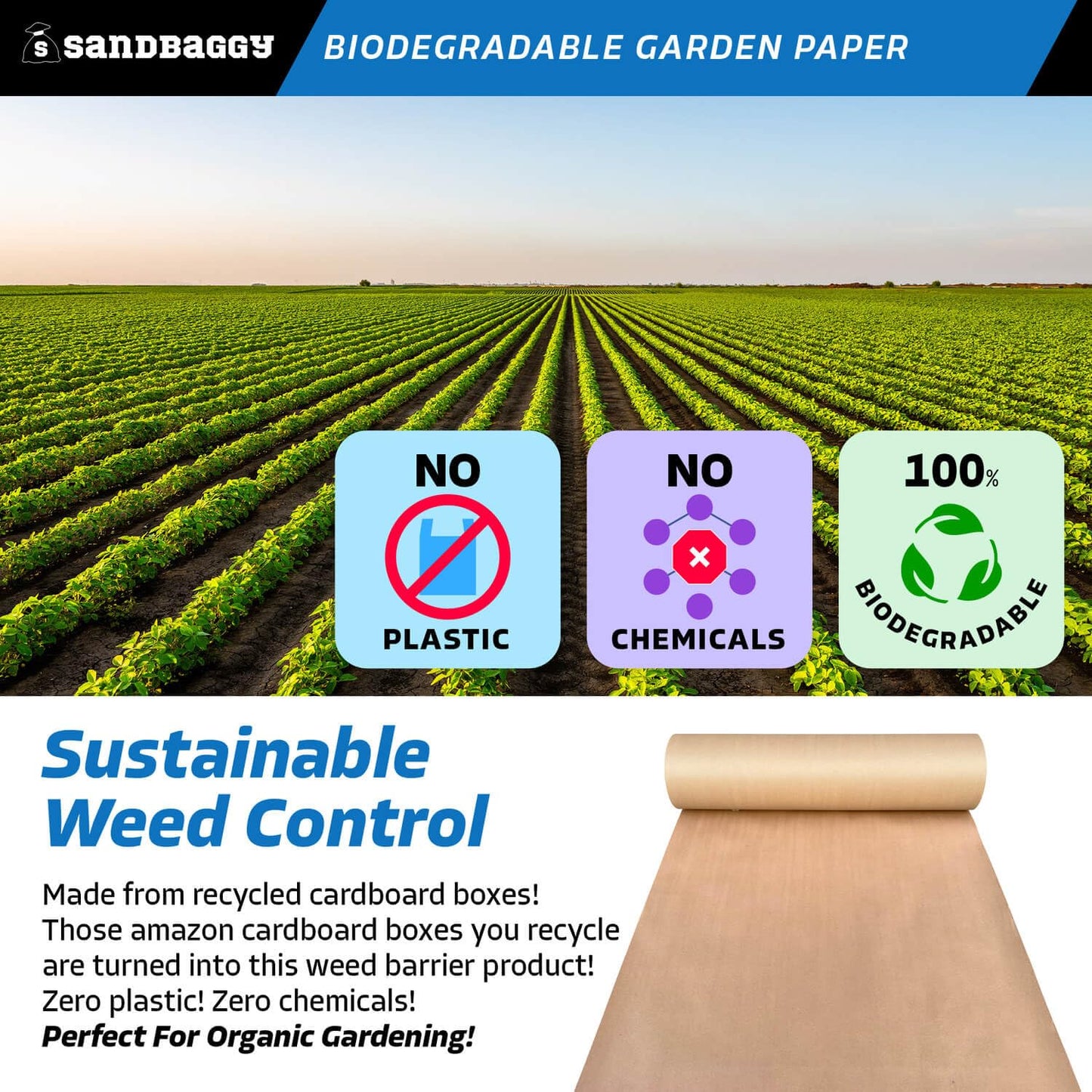 Sandbaggy Biodegradable Landscape Fabric - Garden Paper for Weeds - Paper Mulch Rolls - Made in America (4 ft x 475 ft, 25)