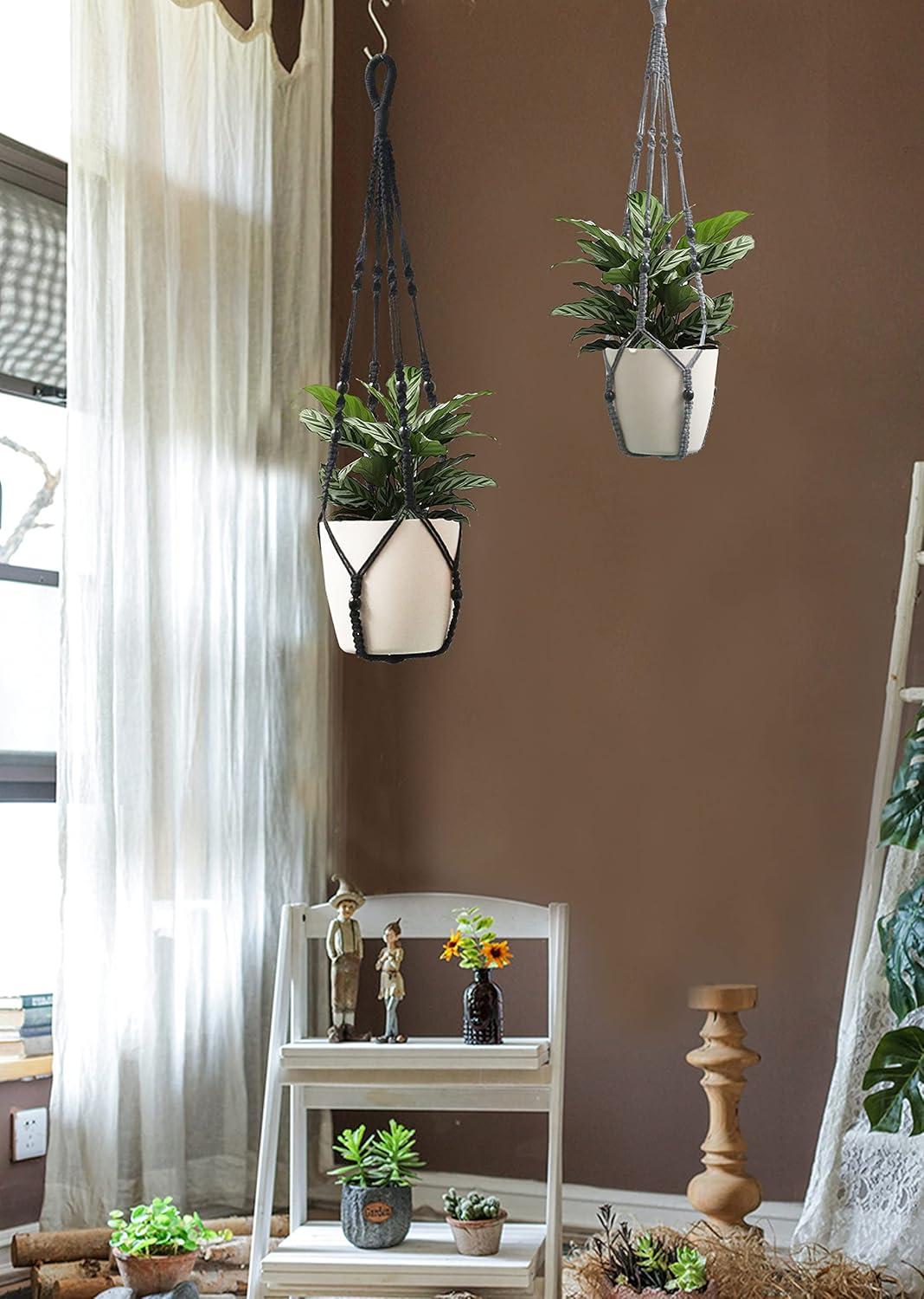 Macrame Plant Hanger Indoor Hanging with Wood Beads Macrame Planters No Tassel for Indoor Outdoor Boho Home Decor 35 Inch (Gray,1pc)