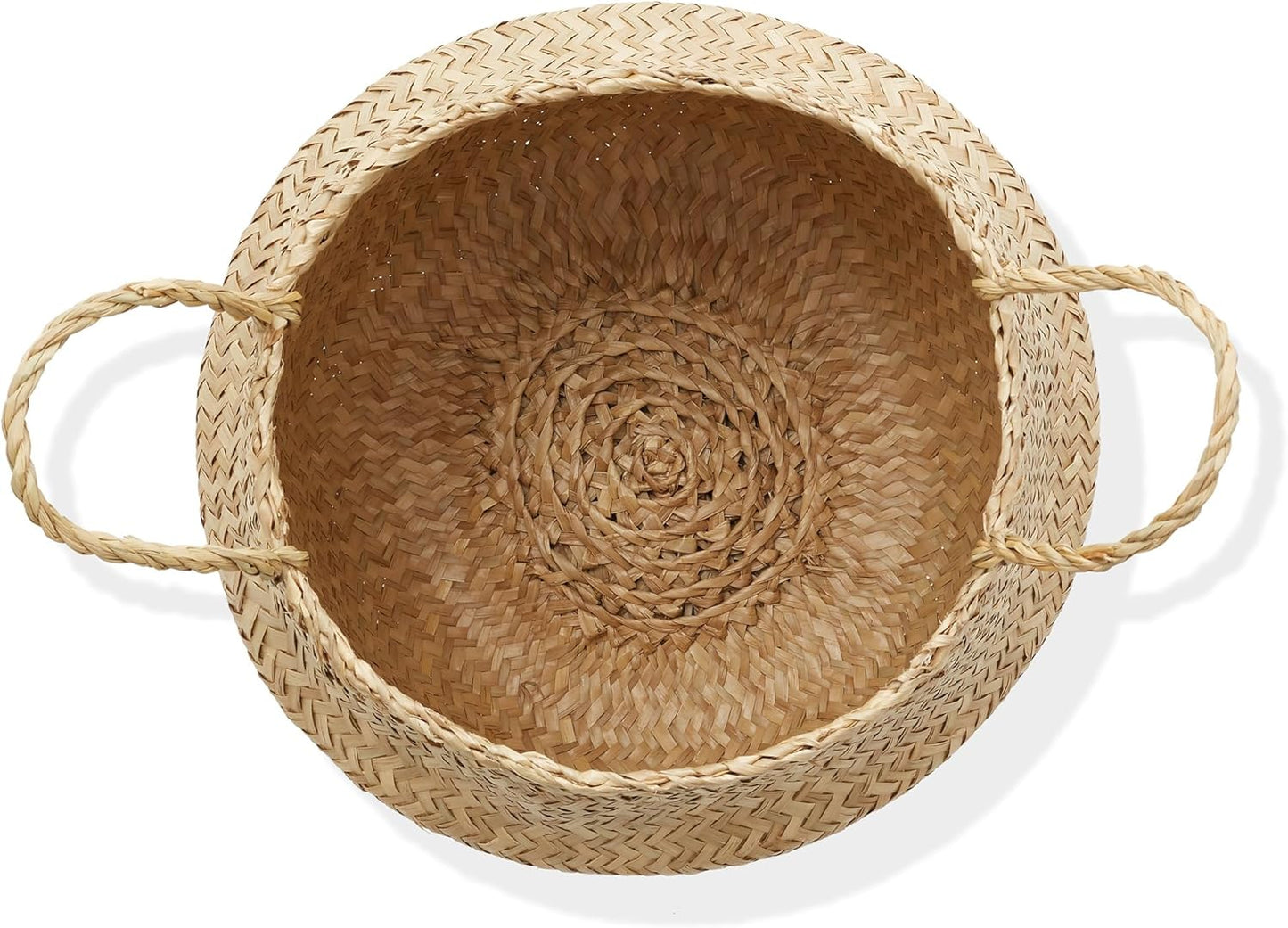 Casafield Seagrass Belly Storage Basket Planter with Handles - Large, Natural Woven Wicker Indoor Plant Pot Cover for Plants and Trees