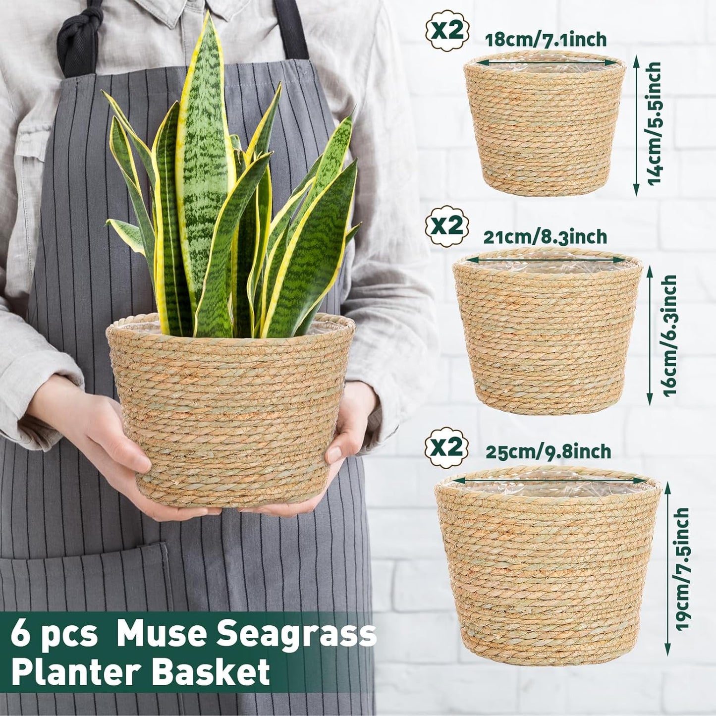 Mumufy 6 Pcs Seagrass Planter Basket Flower Pots Cover Plant Baskets Hand Woven Plant Basket Storage Containers with Plastic Liners for Indoor Outdoor Flower Pots Decoration 10, 7, 8.3 Inch(Classic)