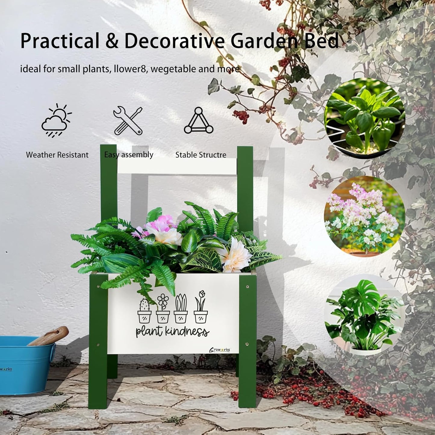 Raised Garden Bed with Trellis Elevated Planter Box with Legs, Drainage Holes for Outdoor Garden, Patio, Natural Wood 17.7”L x 16.1”W x27.6”H(Green)