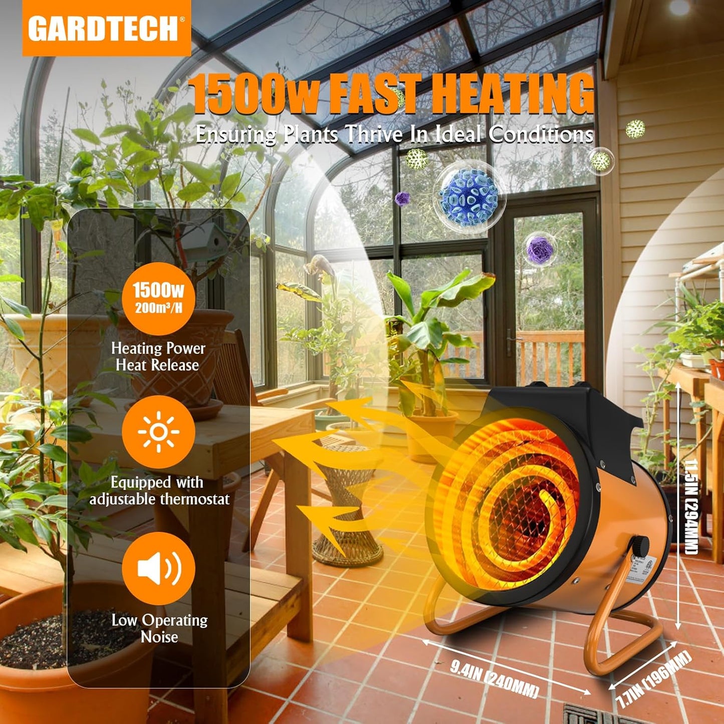 Gardtech Greenhouse Heater with Digital Thermostat, 1500W Portable Outdoor Heater with Overheat Protection, Grow Tent Heaters [Stronger air volume] Fast Heating for Patio, Garage, Flower House(Orange)