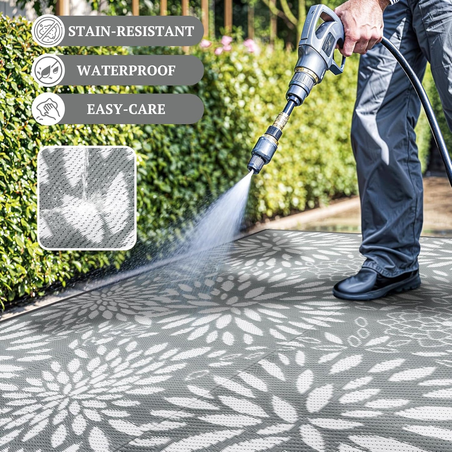 8'x10' Reversible Outdoor Rug - Eco-Friendly Plastic Straw Rug-Heavy-Duty Waterproof Mat, UV & Fade Resistant for Patio, Camping, RV, Deck, Balcony(8x10,Gray&Floral)