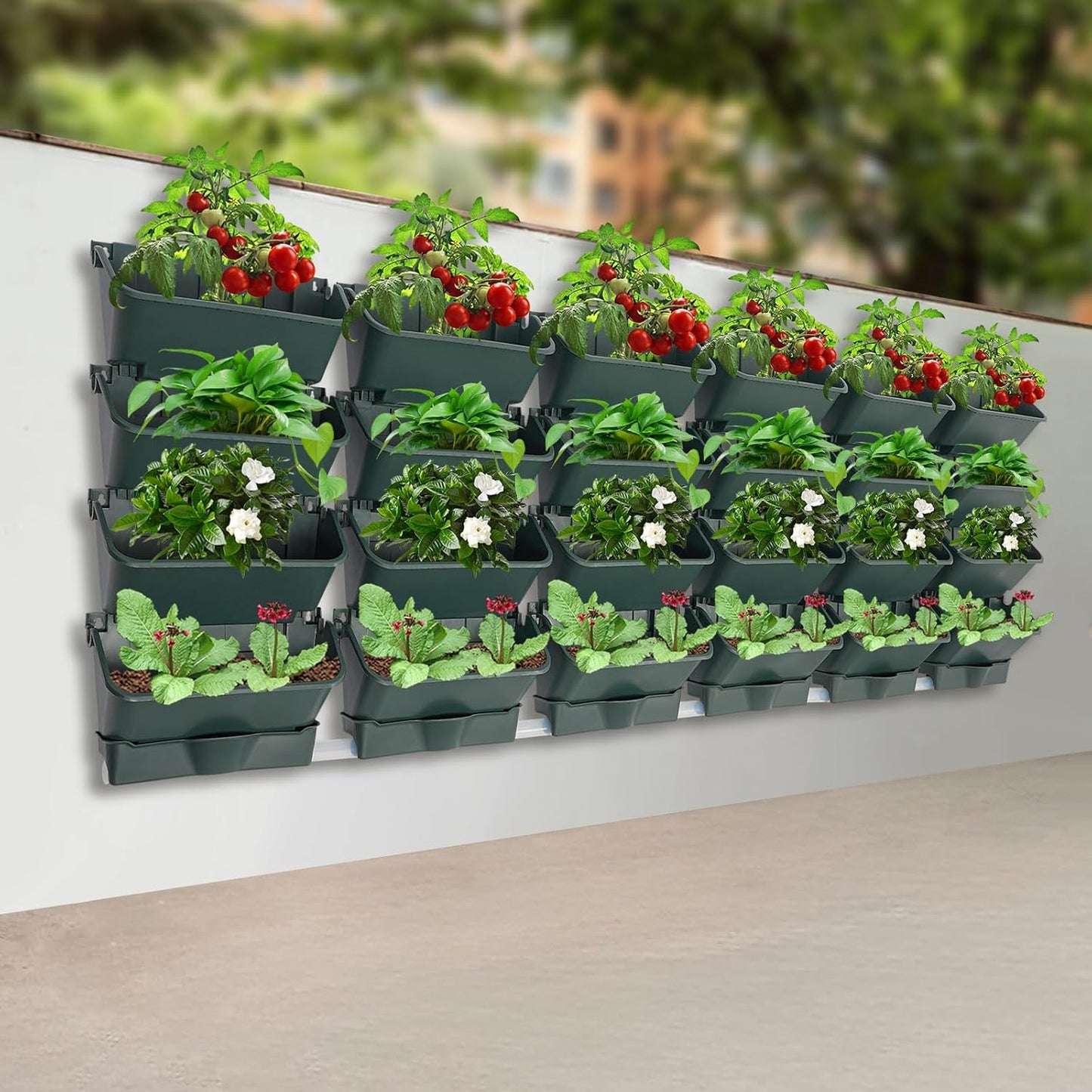 Vertical Wall Planter with 24 Pots, Hanging Garden Plant Flowerpot Holder, Stackable Wall-Mounted Planter, Balcony Planters for Flowers Vegetables Fruits (Army Green, 24 Pots+6 Drainage Planters&Pipe)