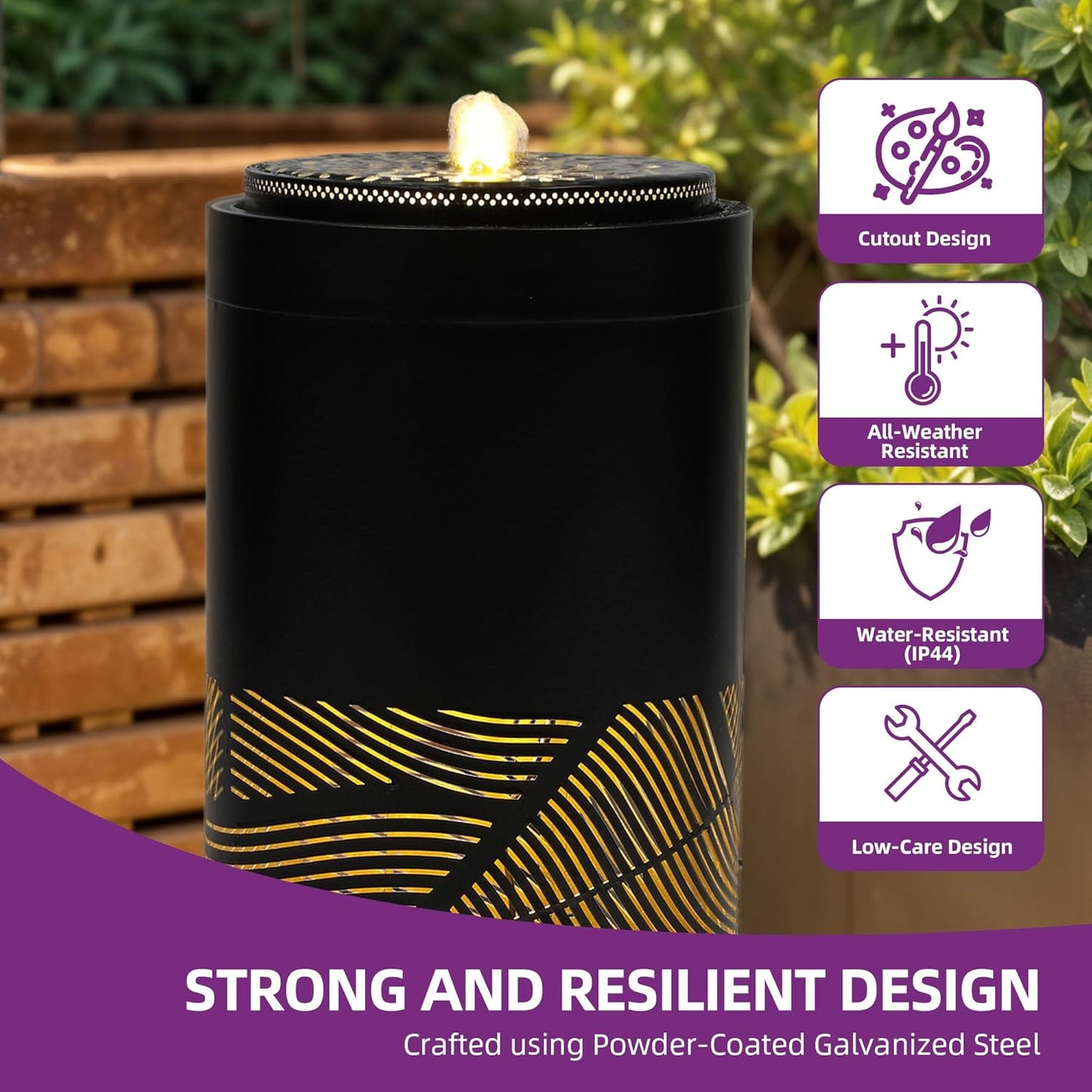 23.6" H Modern Metal Cutout Geometric Patterns Outdoor Water Fountain with LED Lights, Black Bird Bath Garden Fountain, Soothing Water Flow Creates Tranquil Ambiance for Patio, Deck, Porch Décor