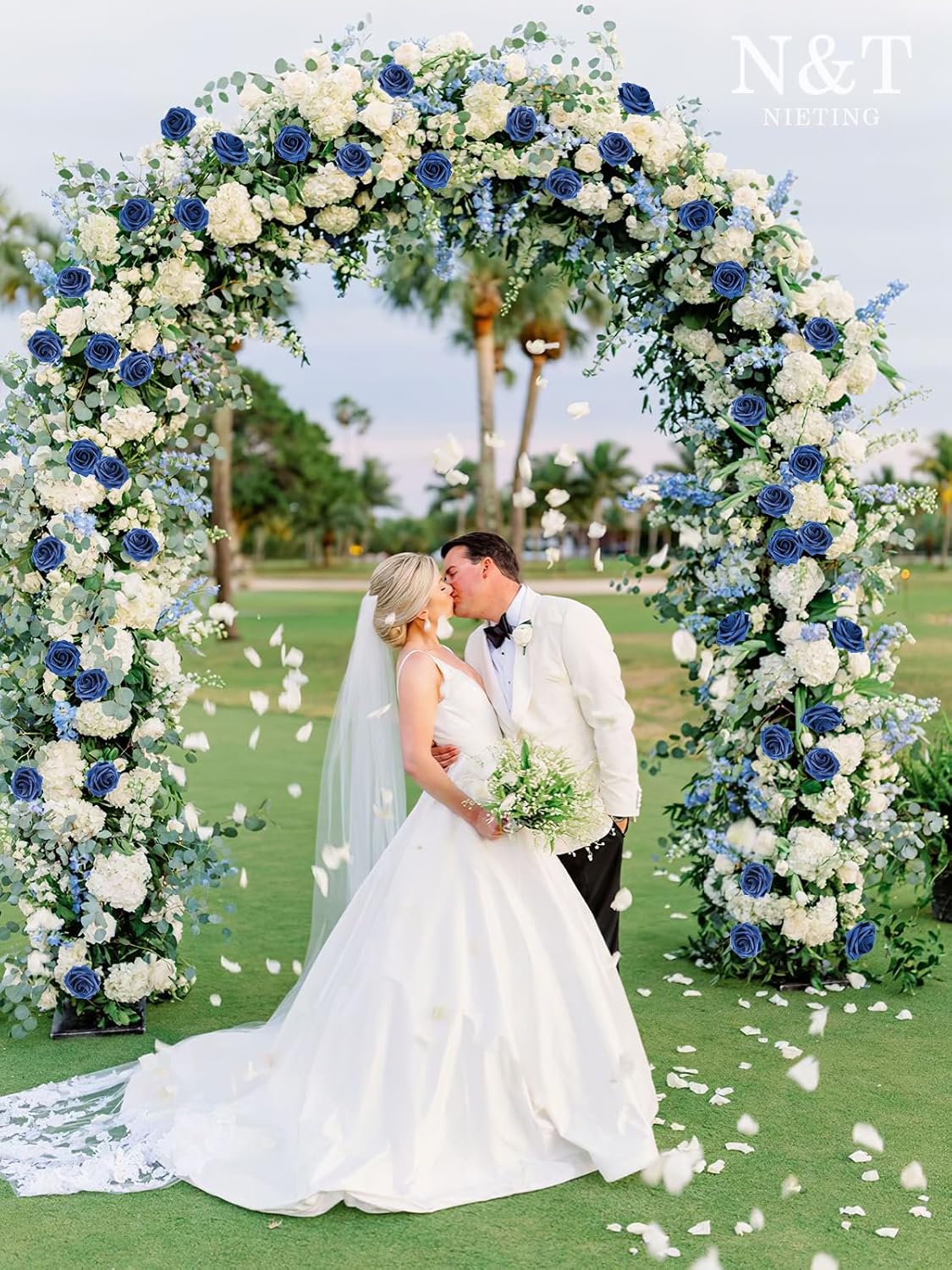 N&T NIETING Artificial Flowers Roses 25Pcs Fake Flowers Foam Roses with Stems for Halloween DIY Wedding Bridesmaid Bridal Bouquets Centerpieces Party Home Decoration Baby Shower, Navy Blue