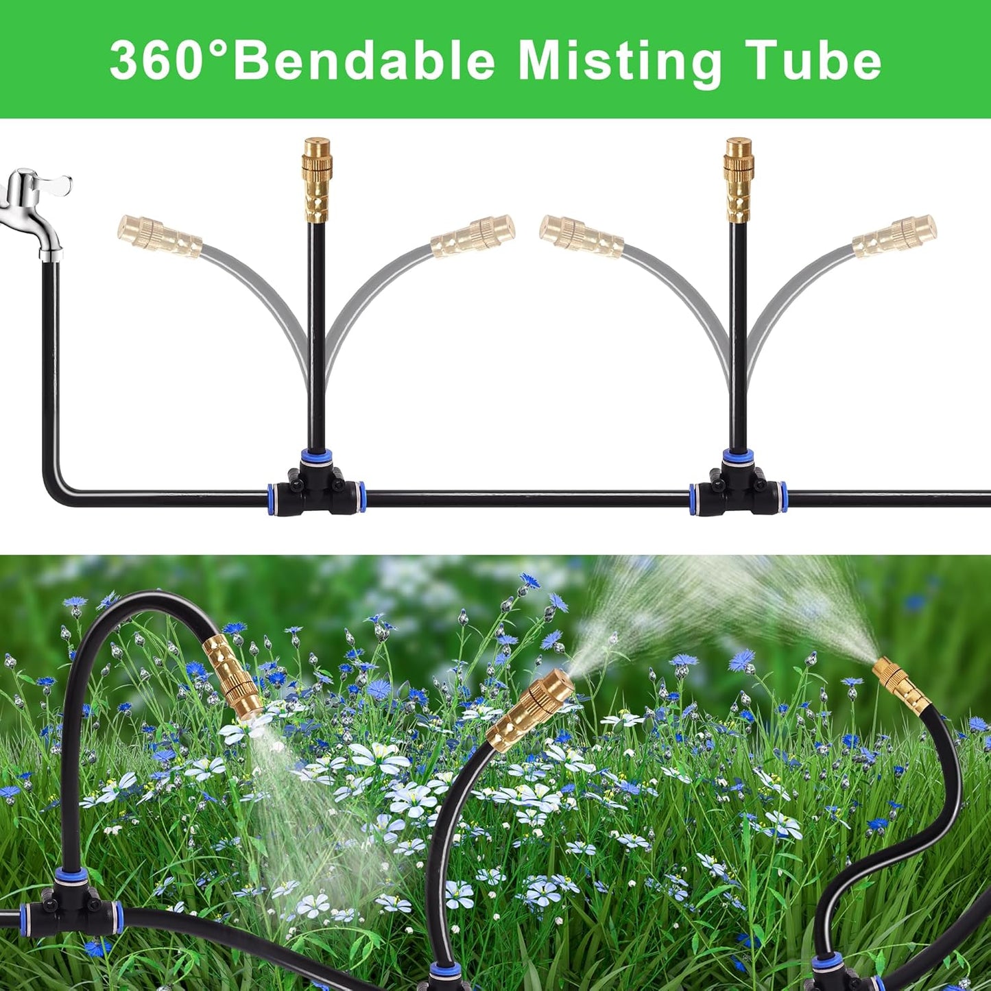 Drip Irrigation Kit, Flexible 360°Adjustable Watering System with Nozzle Control, Misting Hose for Garden, Greenhouse, Lawn, Yard & Potted Plants (65 Feets)