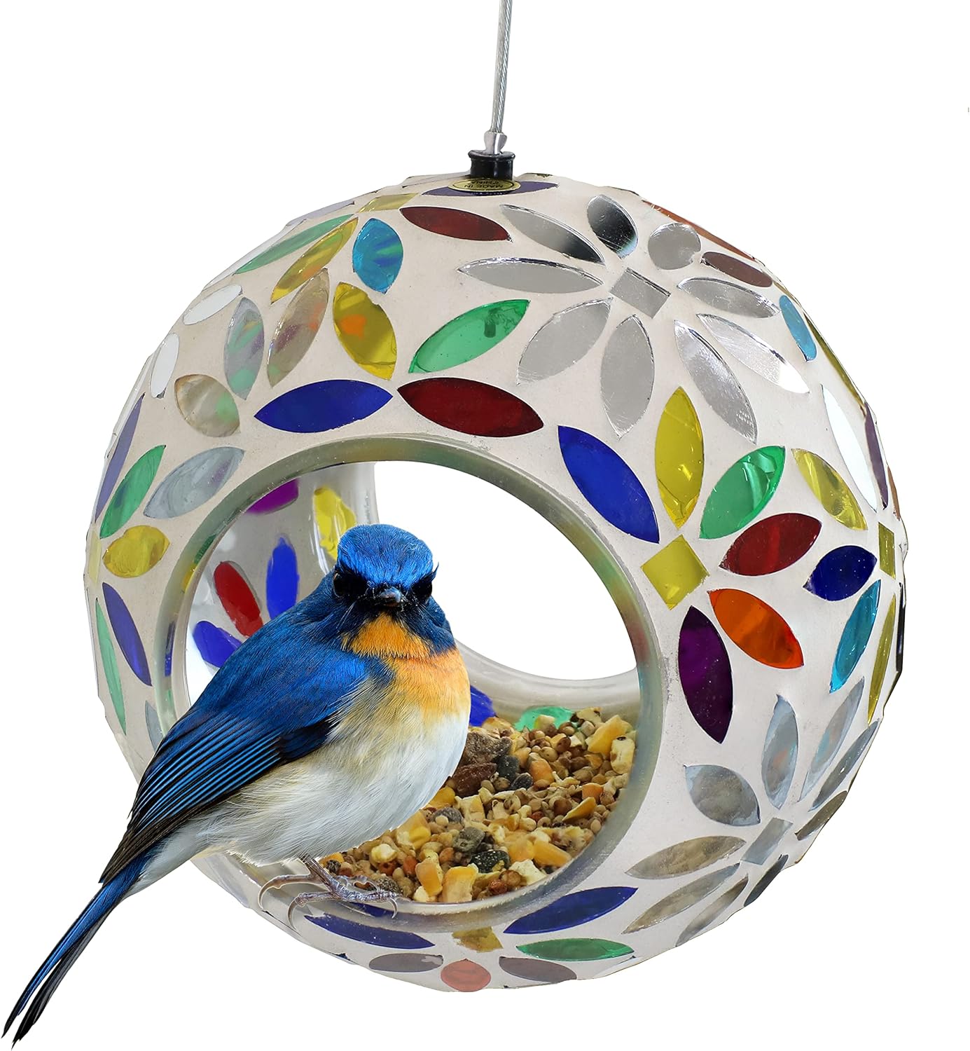 Sunnydaze 6-Inch Glass Mosaic Hanging Bird Feeder for Outdoors - Fly-Through Wild Bird Feeder - Rainbow Daisies
