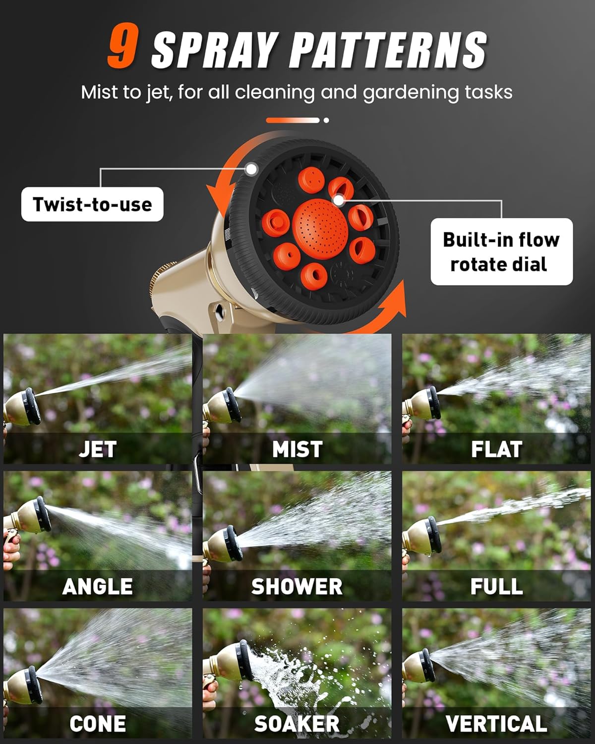 RAINPOINT Garden Hose Nozzle, Hose Sprayer Nozzle with 9 Spray Patterns, High Pressure Water Hose Nozzle Heavy Duty Metal Hand Sprayer, Watering Plants and Lawn,Orange