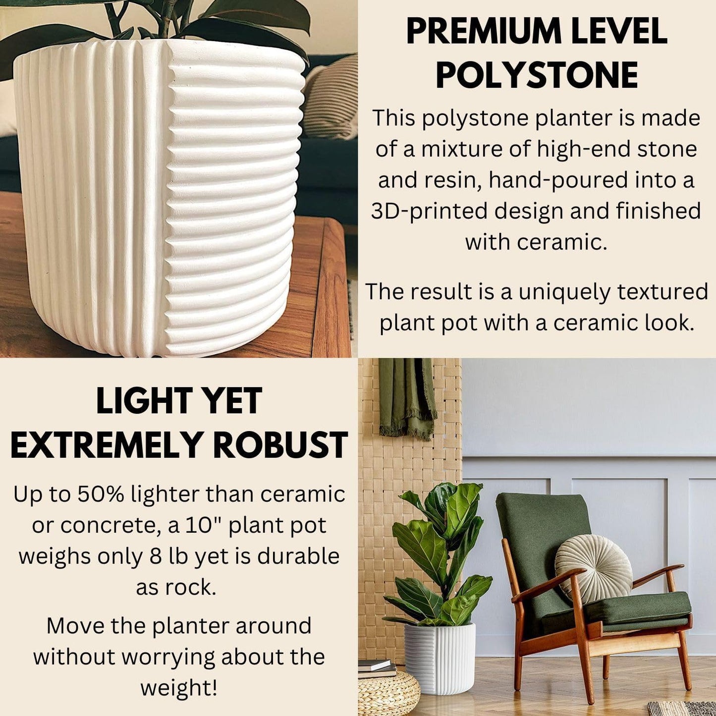 Fox & Fern 10 Inch Plant Pot with Drainage Plug — Premium Polystone White Plant Pot; Modern Planter with 3D Texture and Ceramic Finish; 10 Inch Pots for Plants Indoor & Outdoor
