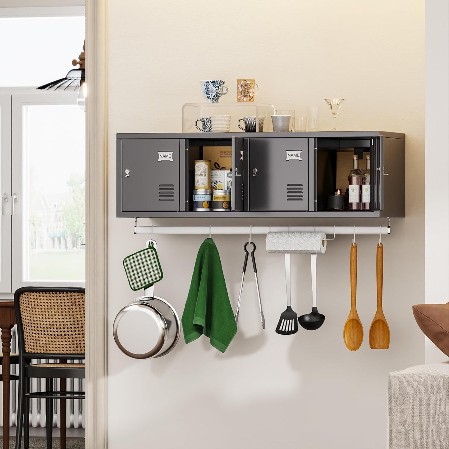 Metal 4 Doors Locker Cabinet with Hanging Rod, Wall-Mounted Storage Lockers for Home, Office, Garage, Storage, Assembly Required, Dark Gray