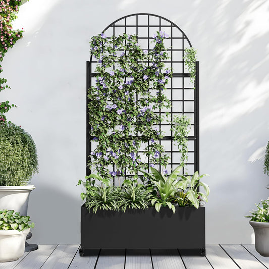 Casaphoria Metal Raised Garden Bed with Trellis and Wheels, 72"x35"x16" Arched Planter Box for Climbing Plants, Vegetables & Vines, Features Drainage Holes and Privacy Screen (Black-Grid)