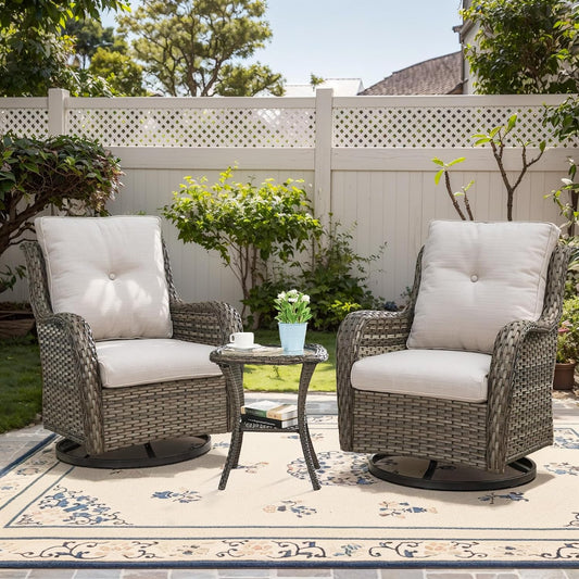 3 PCS Patio Furniture Set - Mixed Grey Wicker Swivel Rocking Chairs with Side Table, Furniture Set for Outdoor