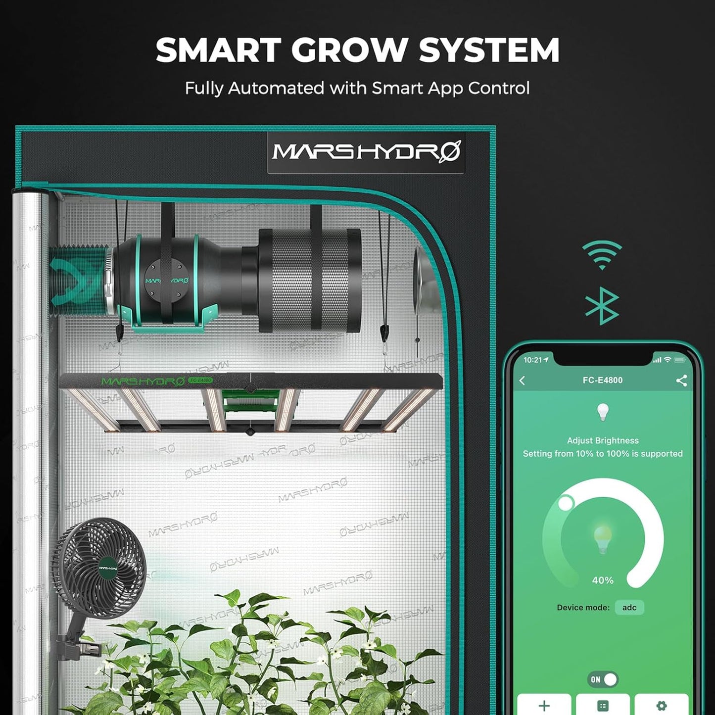 MARS HYDRO 4x4 Smart Grow Tent Kit Complete System with Temperature Humidity Controller,480W FC-E4800 Dimmable Light 2646Pcs LED,48"x48"x80" 1680D High Reflective Mylar,6inch Automatic Ventilation Kit