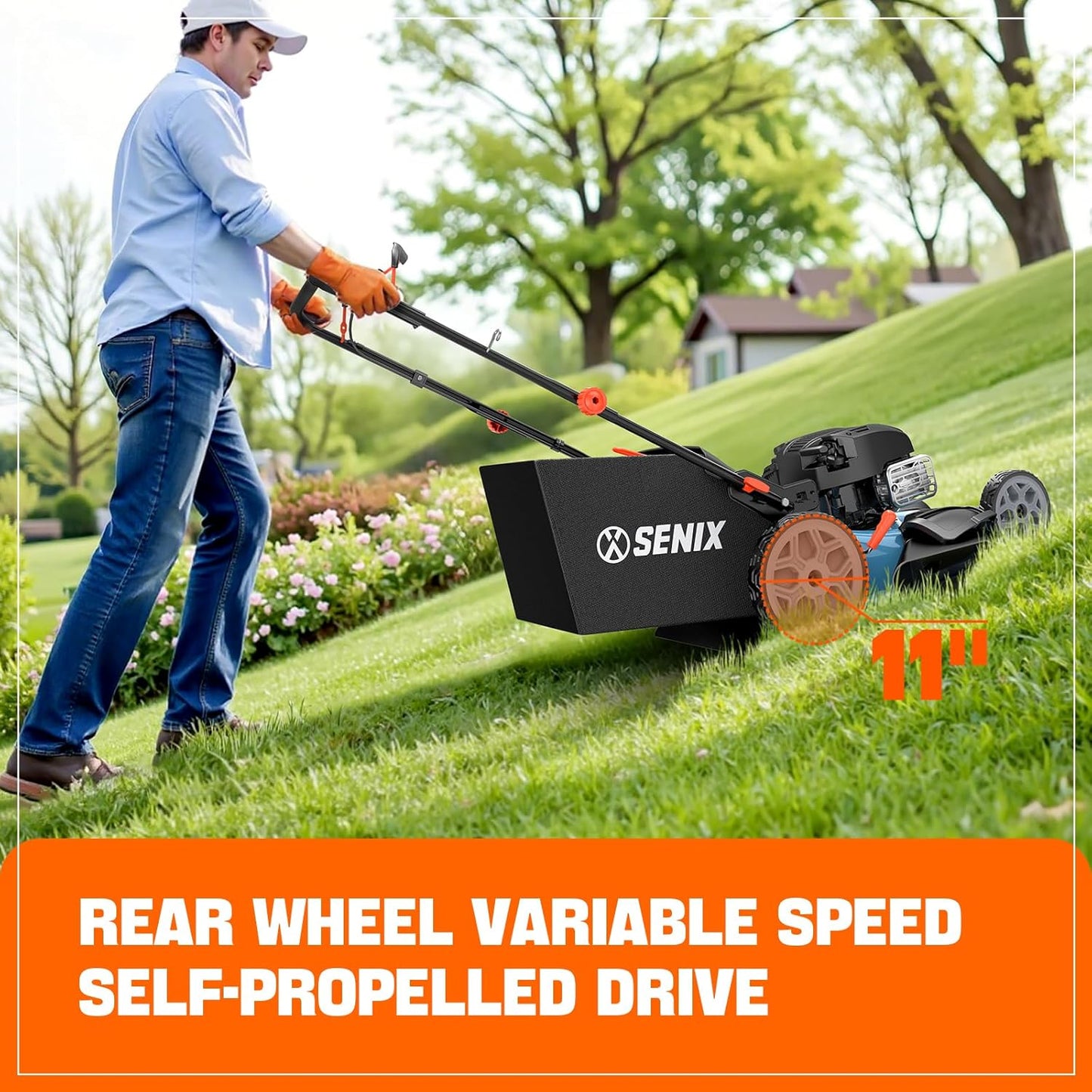 SENIX LSSG-H2 22-Inch Self Propelled Gas Lawn Mower with 163 cc 4-Cycle Engine, 3-in-1 Rear Wheel Drive Variable Speed Lawnmower, 6-Position Height Adjustment