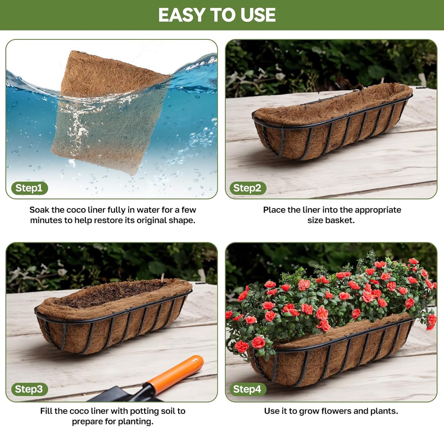3Pcs Trough Coco Liner 36" Coco Coir Liners for Planters, Liners for Window Boxes Liners, Wall Basket Planters, Railing Hanging Baskets, Garden Planter Baskets