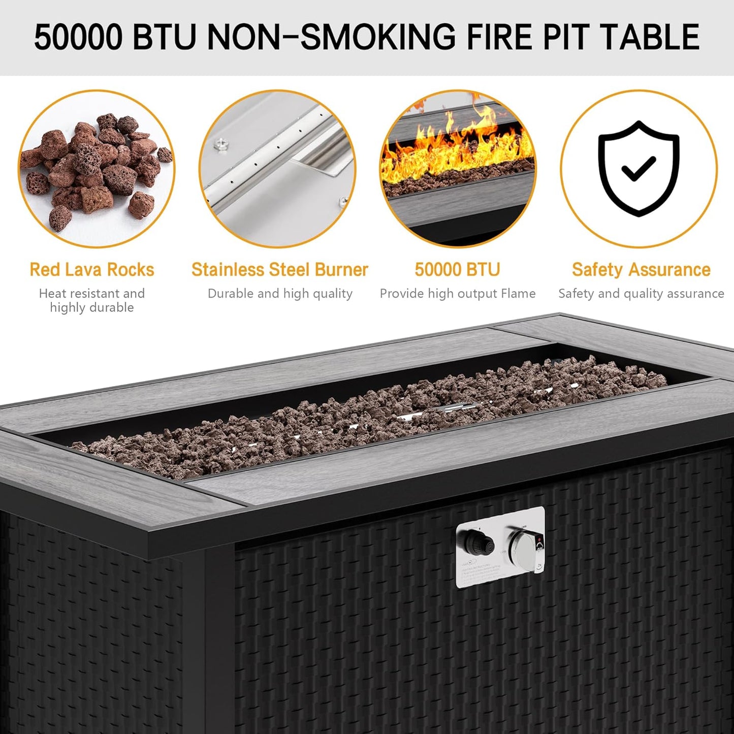 Meilocar 45in Fire Table, Propane Fire Pit with Red Lava Rocks and Rain Cover, Outdoor Firepit Table with Tile Top 50000 BTU 2-in-1 Fire Table for Patio/Yard/Balcony, Gray Tabletop