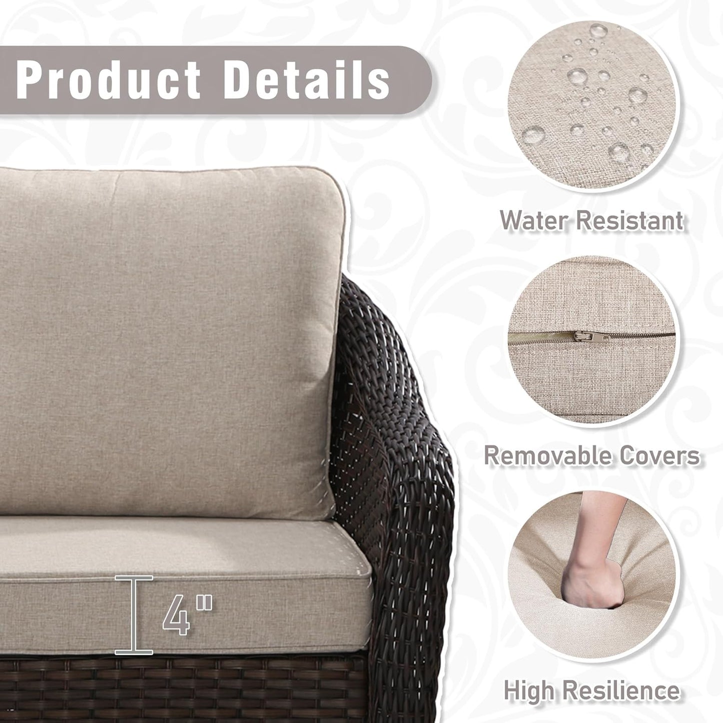 3 Piece Patio Wicker Conversation Set, All-Weather Use Outdoor Wicker Loveseat with 2 PE Rattan 360 Swivel Chair, Ideal for Porch, Backyard, Balcony, Poolside, Beige