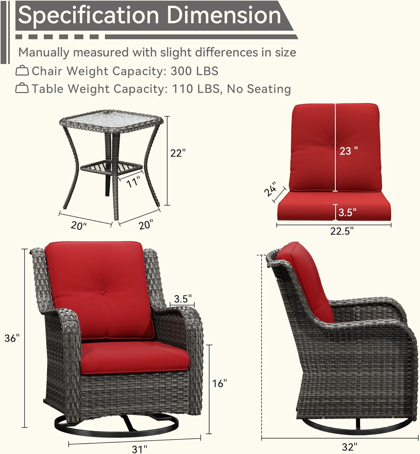 2 Pieces Outdoor Swivel Rocker Patio Chairs Set - Outdoor Wicker Patio Conversation Sets with 1 Side Table, Olefin Fabric Cushions Suitable for Backyard Deck and Porch,Red