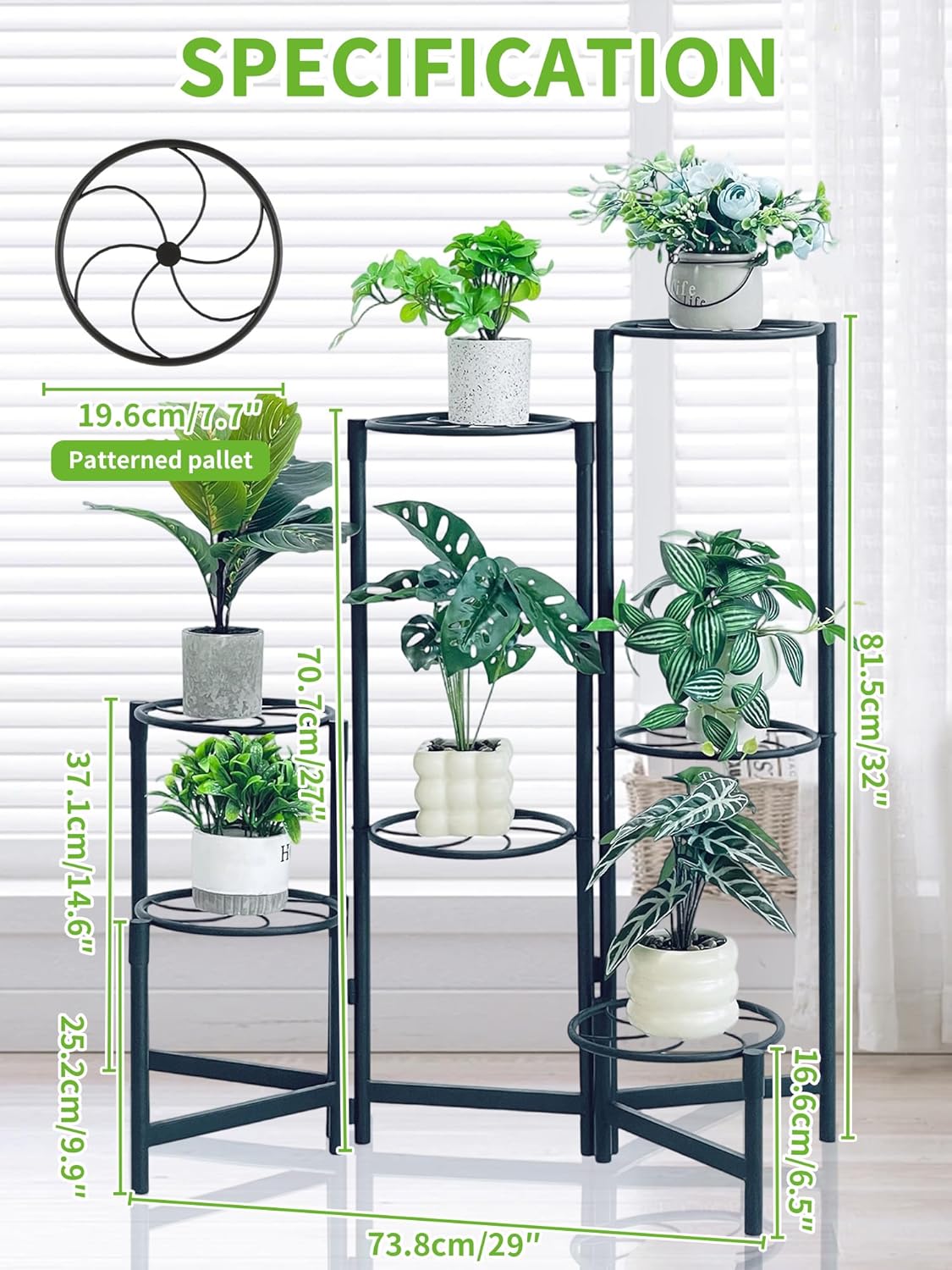 Corner Shlf Patio 7 Tier Metal Plant Stand Indoor Outdoor Tall Metal Flower Pot Stands for Multiple Plants Heavy Duty Plant Shelf Black Kite