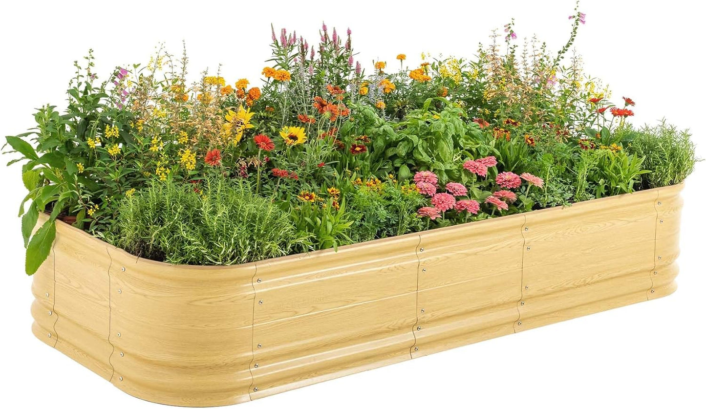Vego garden 17" Tall 10 in 1 Novel Modular Raised Garden Bed Kit, Metal Planter Box for Vegetables Flowers Herbs, Included 2 in 1 Wrench & Magnetic Plant Tags, Sunlit Oak