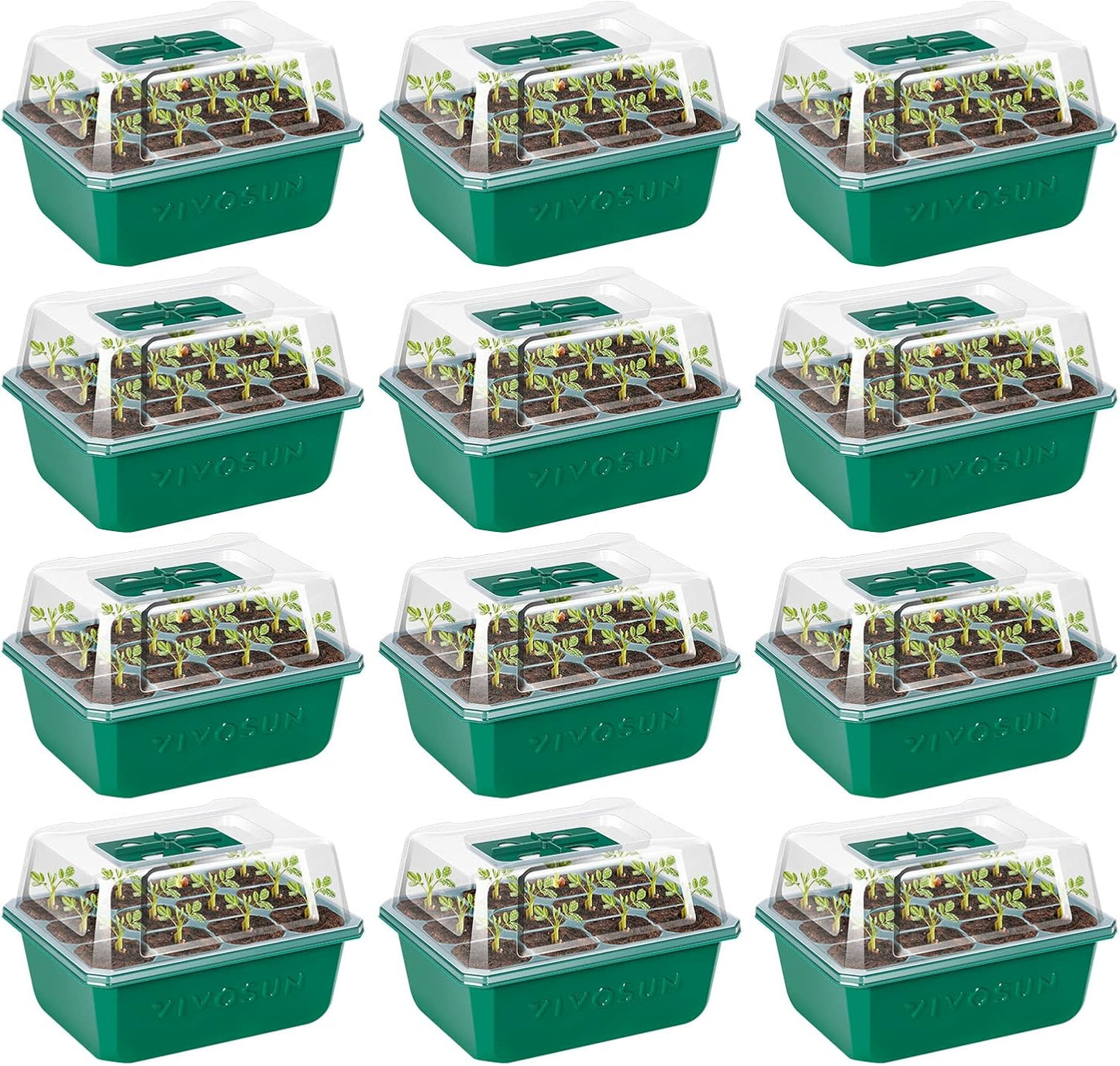 VIVOSUN 12-Pack Seed Starter Trays, 144-Cell Seed Starter Kit with Humidity Dome, Flat Reusable Plant Germination Trays with Drain Hole, Green Propagation Tray for Planting Seeds