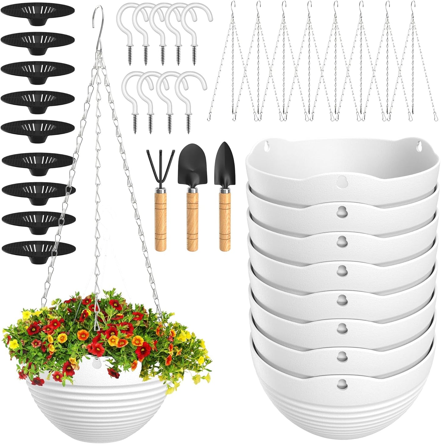 Hanging Planters, Set of 9 White Hanging Pots, 8" Hanging Flower Pots, Plant Pots with Drainage Plugs, Water Barrier and Chains, Come with Free Mini Garden Tools Set