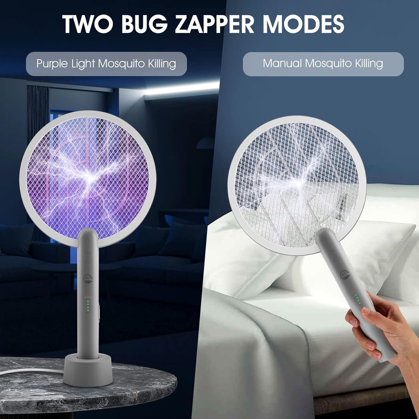 Electric Fly Swatter Racket, 2 in 1 Bug Zapper with USB Rechargeable Base, 4000 Volt Mosquito Killer with 3-Layer Safety Mesh for Pest Insect Control for Indoor、Office、Backyard、Camping（Gray-2 Pack）