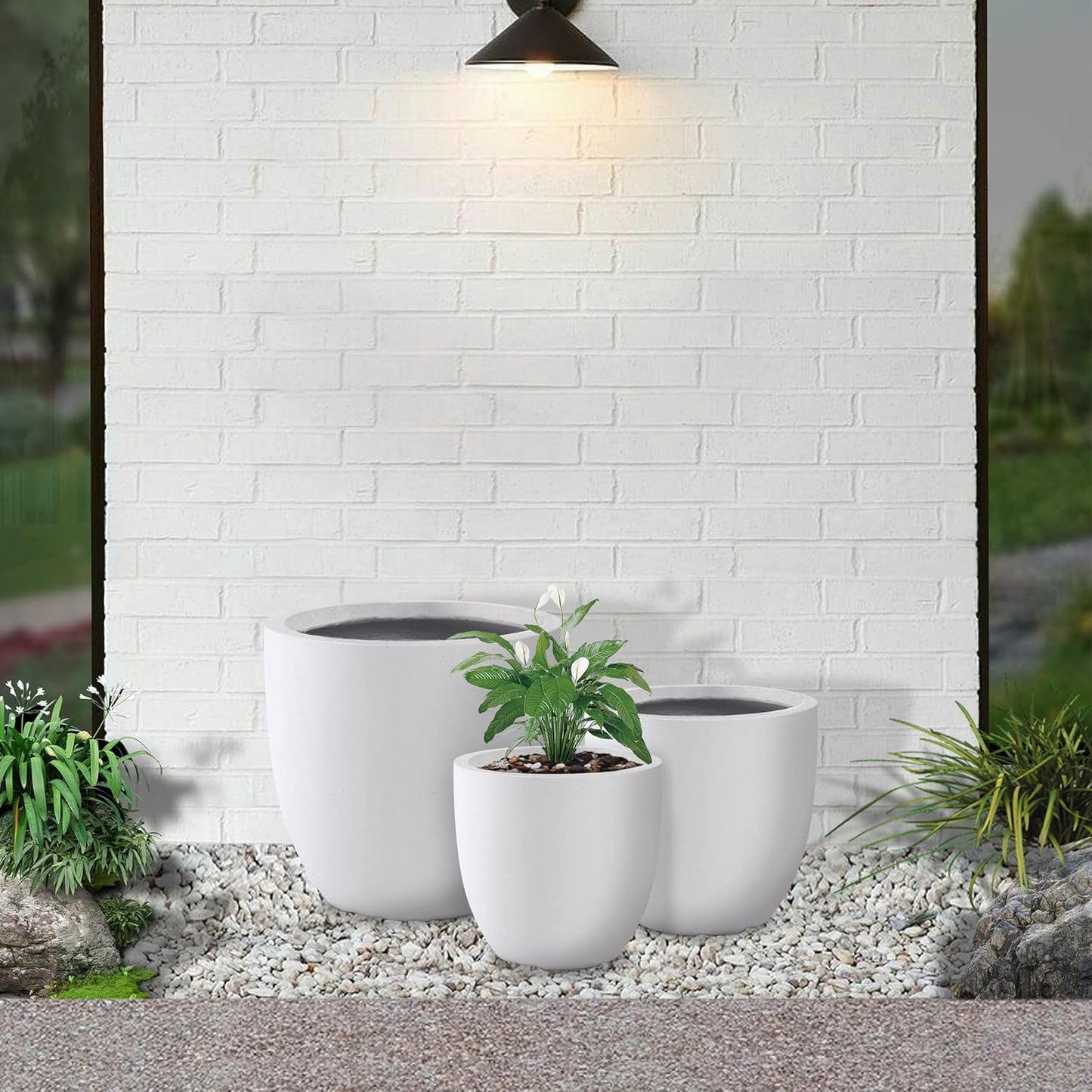 Kante 18",14",10" Dia Concrete Round Planters (Set of 3), Outdoor Indoor Large Planter Pots with Drainage Hole for Home Patio Garden, Pure White