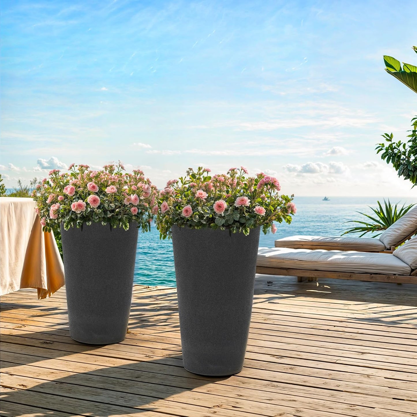 24" Planters for Outdoor/Indoor Plants, Set of 2 Tall Plant Pots, Heavy-Duty Resin Large Vase for Faux Mums Flower, Ideal for Garden, Patio, Yard, Porch or Home Decor, PU Leather-Look Finish