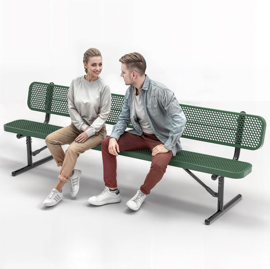 Heavy-Duty Outdoor Metal Bench, Thermoplastic-Coated, Portable, Weatherproof, Commercial-Grade for Parks, Gardens, Patios, Stores & More (8 Ft - Portable with Back, Green)
