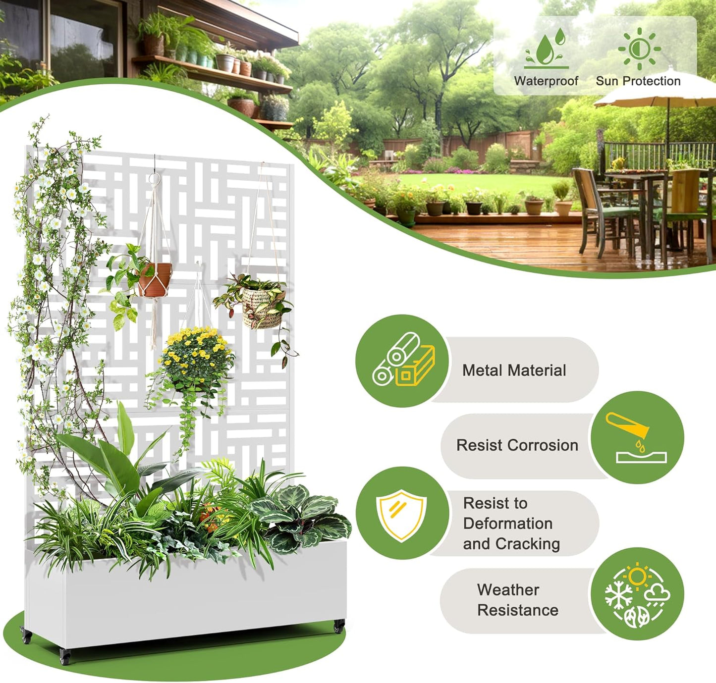 FENCY Metal Raised Garden Bed with Wheels and Trellis,73"x47"x16" Planter Box for Climbing Plants, Vegetables & Vines, Features Privacy Screen and Drainage Holes (White-Geometric Lattice)