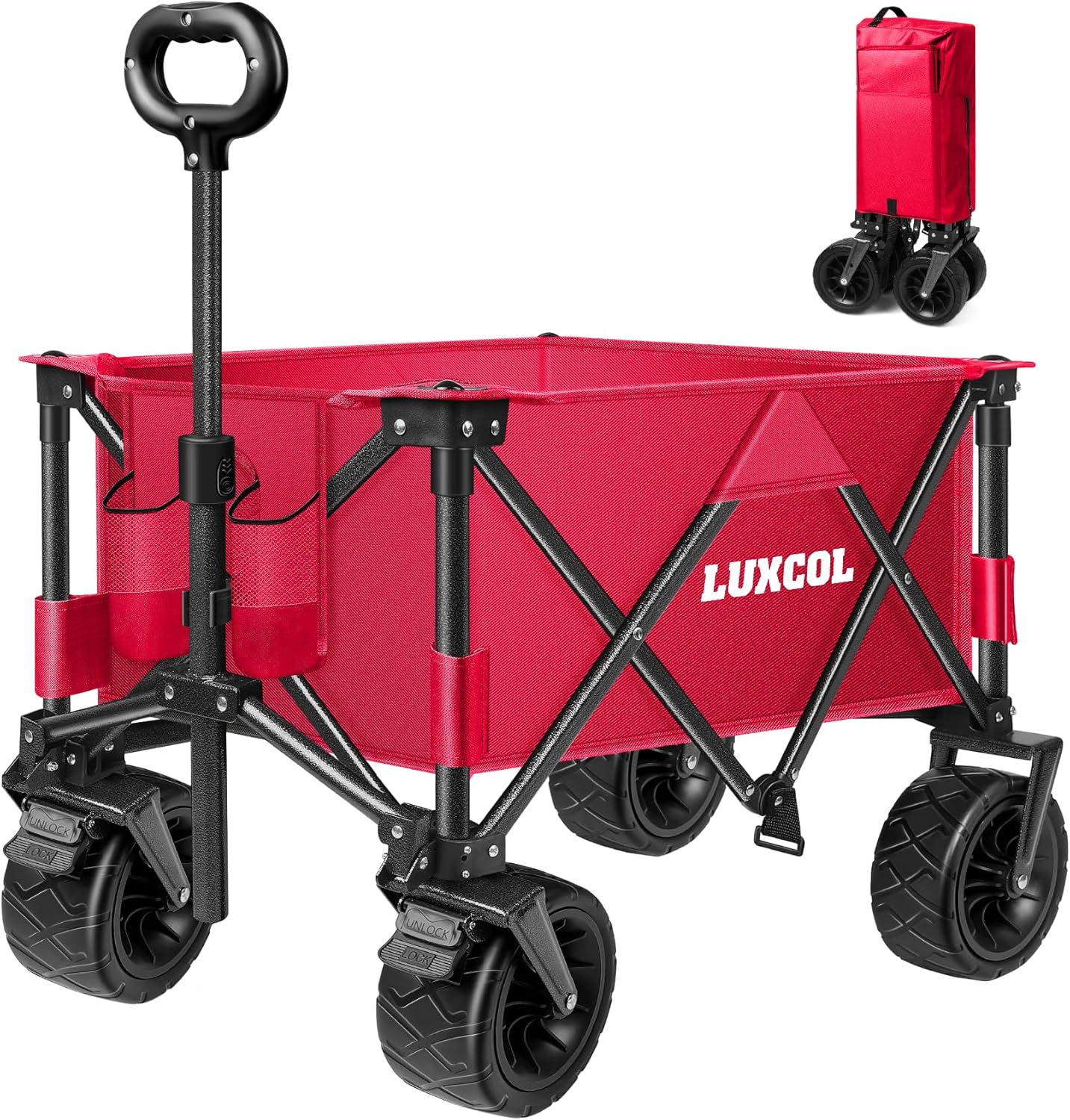 LUXCOL Collapsible Folding Wagon, Heavy Duty Utility Beach Wagon Cart for Sand with Big Wheels, Adjustable Handle&Drink Holders for Shopping, Camping,Garden and Outdoor