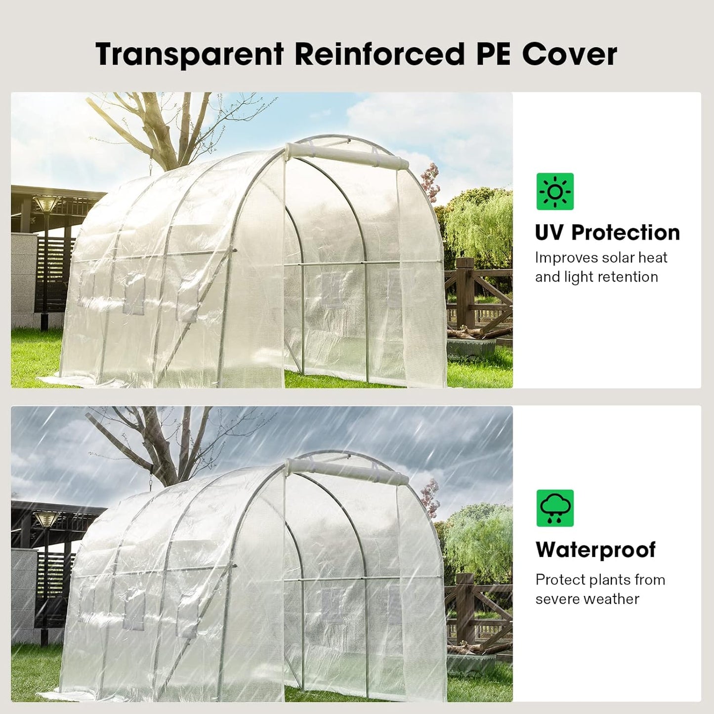 VIVOSUN 10x7x7 Ft. Large Walk in Greenhouse, Greenhouse Tunnel, Garden Plant Hot House with White PE Cover, Roll-up Zipper Door and Window for Outdoor, White