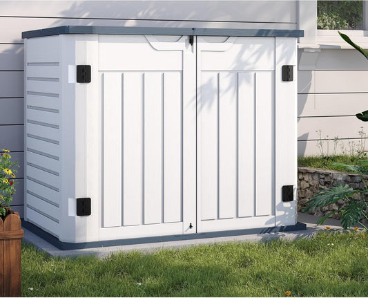 UDPATIO Outdoor Storage Cabinet 35 Cu Ft, Resin Horizontal Outdoor Trash Can Storage Box Lockable Shed 4 x 2 ft for Garbage, Garden Tools, Lawn Mowers
