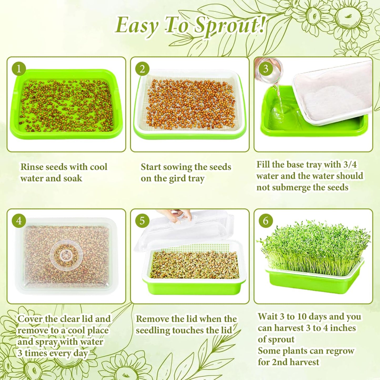 Legigo 8 Pack Seed Sprouter Trays with Lids- Soil-Free Cultivation Germination Tray, BPA Free Micro Greens Growing Trays Seed Sprouting Trays Kit with Germinating Paper for Wheatgrass, Beans and More