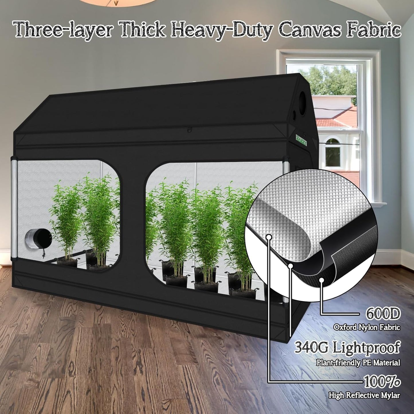 zazzy 4x8 Grow Tent, 96"x48"x72" Roof Cube Indoor Plant Grow Tents with Observation Windows, Lightproof Roof Cube Mylar Hydroponic Growing Tent with Floor Tray Plant Growth