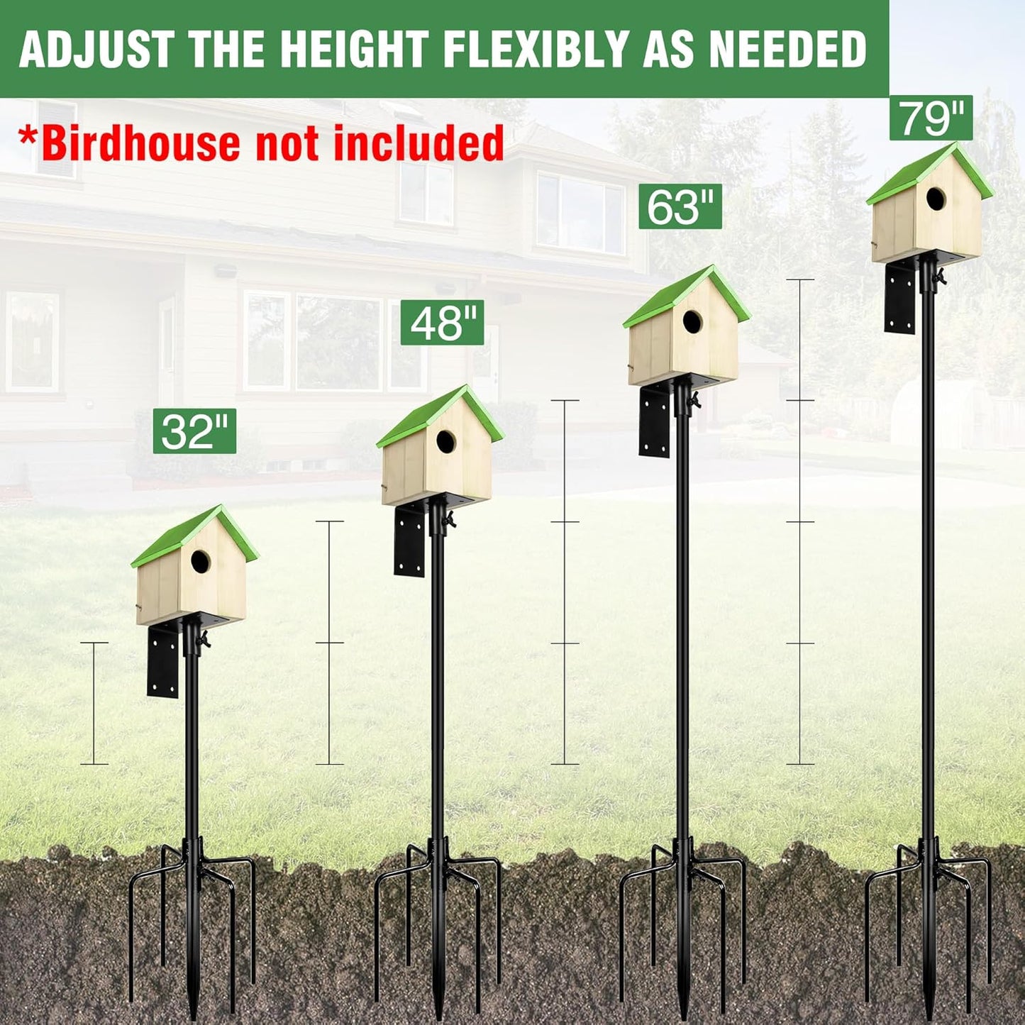 Bird Feeder Pole, 79 Inch Heavy Duty Bird House Pole Mount Kit for Outdoors, Adjustable Metal Bird Feeding Stand, with 2-Hooks, 5-Prong Base for Hanging Feeders, Black