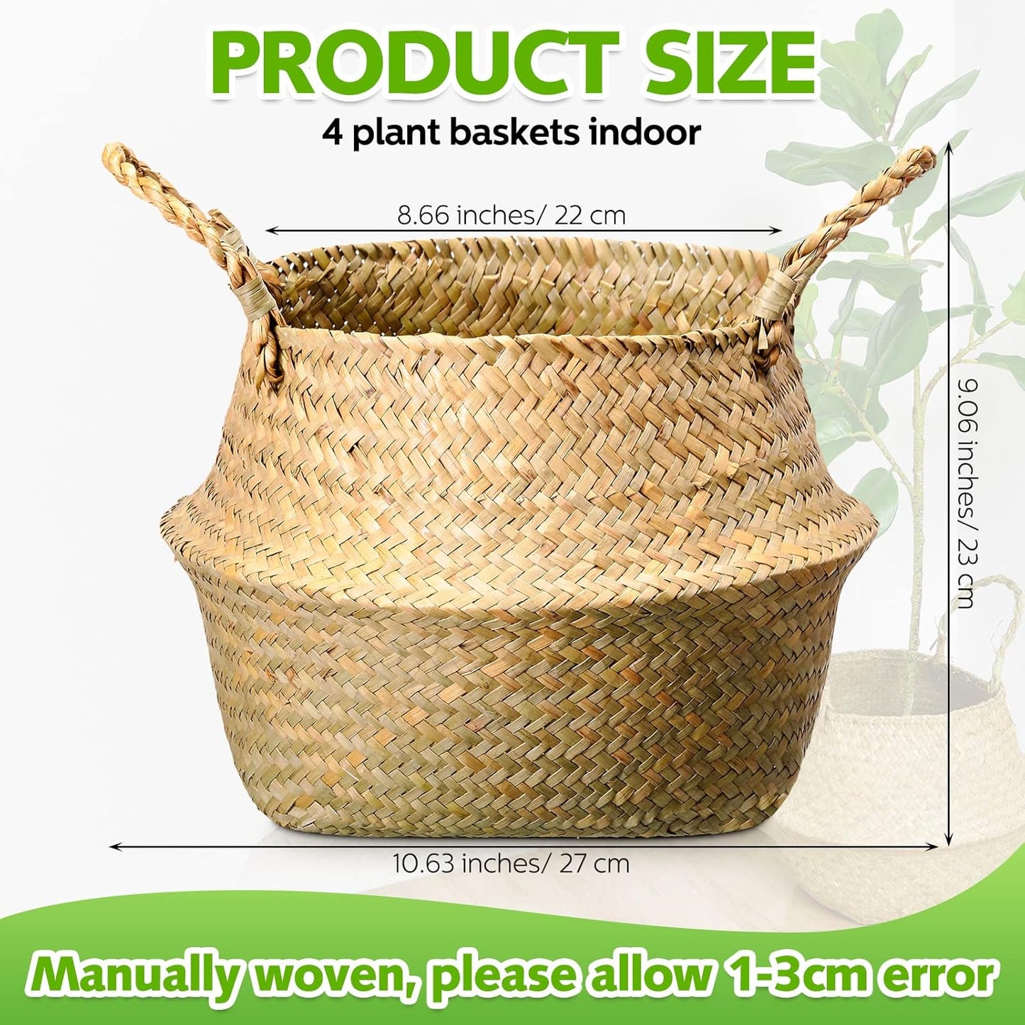 Qunclay Woven Seagrass Baskets Belly Basket Folding Boho Natural Plant Pot with Handles Round Decorative Wicker Large Indoor Planter for Home Outdoor Tree Planters Decor(9 x 11 Inch, 4 Pcs)