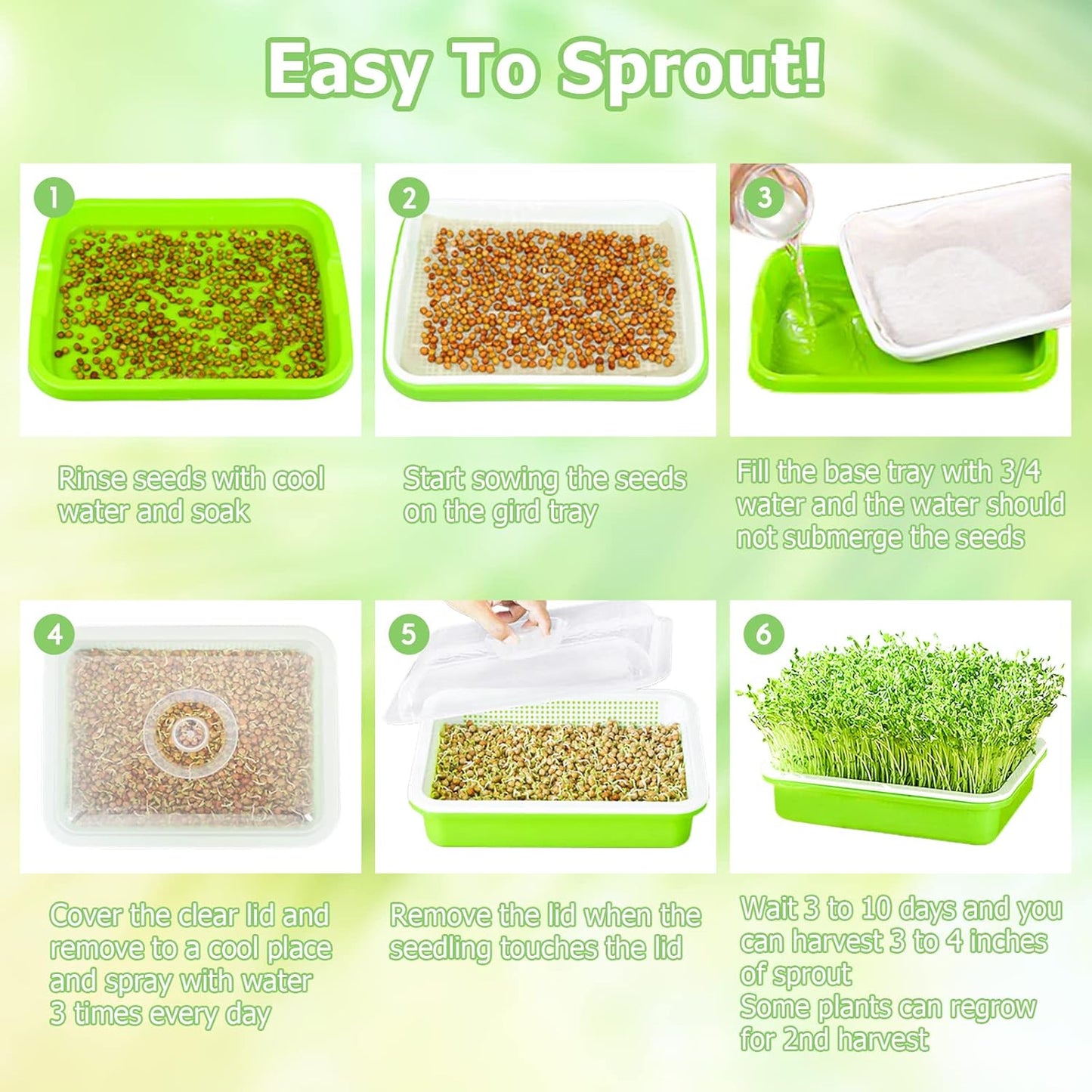 Legigo 2 Pack Seed Sprouter Trays with Lids- Soil-Free Cultivation Germination Tray, BPA Free Micro Greens Growing Trays Seed Sprouting Trays Kit with Germinating Paper for Wheatgrass, Beans and More